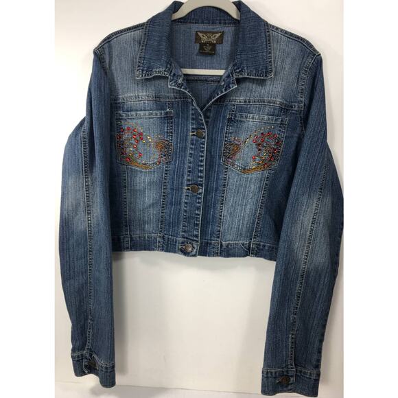 Neeso Denim Jean Jacket Womens 1X‎ Lightweight Cropped Embellished Embroidered - Picture 2 of 9